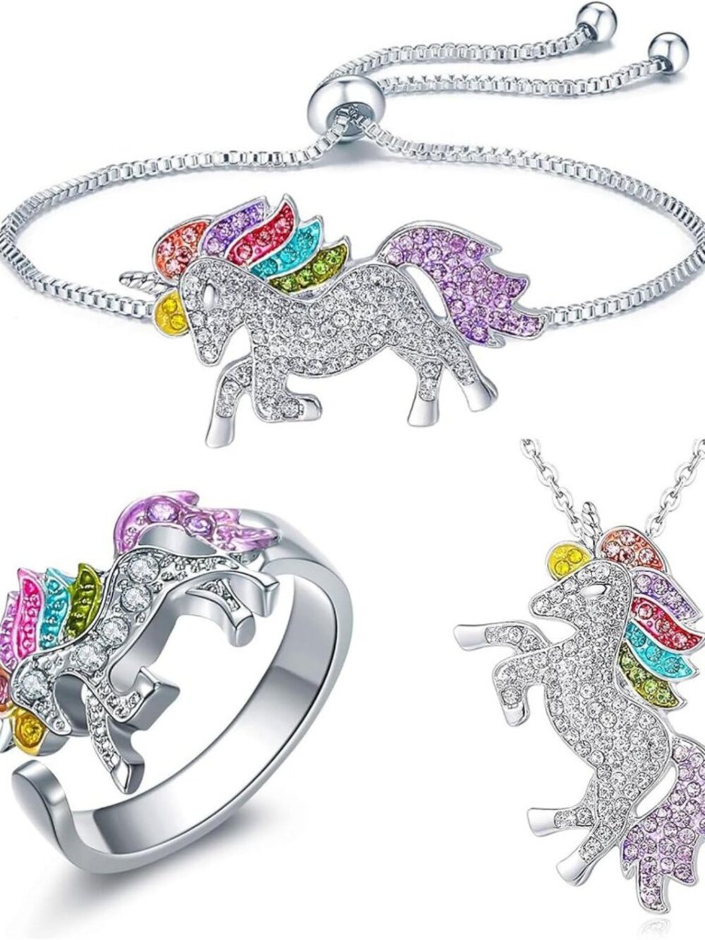 Colorful Unicorn Jewelry Set - Rainbow Ring, Bracelet & Necklace for Kids